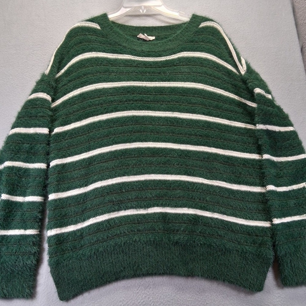 Women Green White Stripes Pullover‎ Sweater, EE:SOME, Size M/L